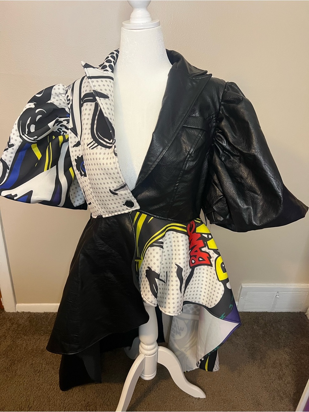 ESY Faux Leather Pop Art Long Blazer With Comic Panels